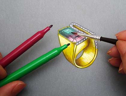 desenho de anel em ouro e turmalina bicolor